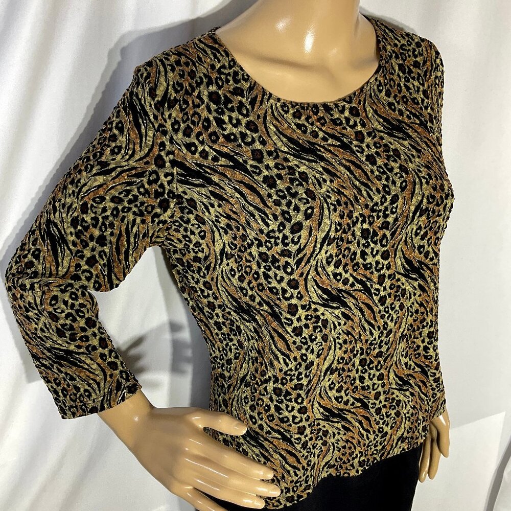 Brittany Black Sz L Leopard Print Metallic Stretchy 3/4 Sleeve Shirt Womens